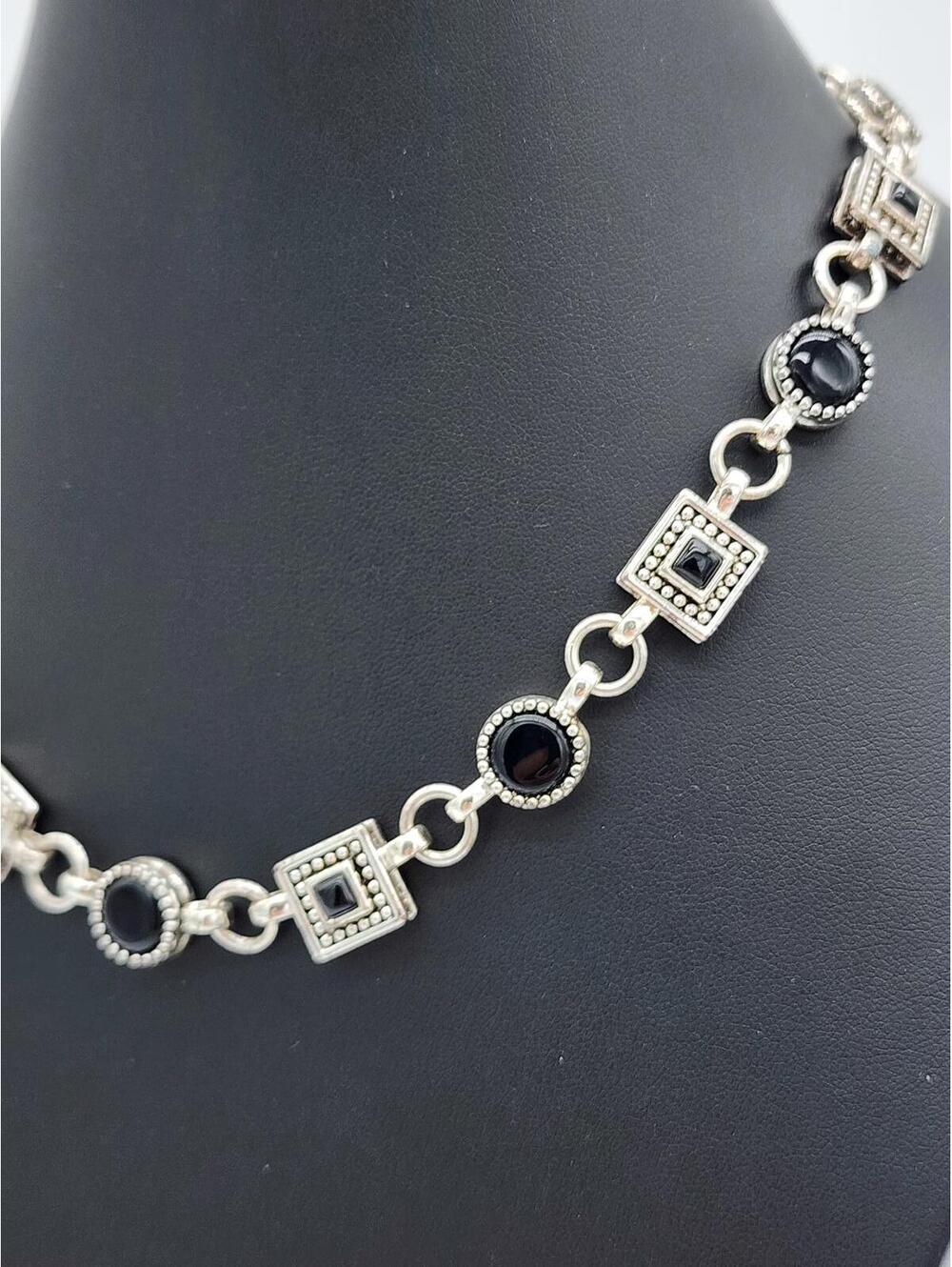 Napier Signed Silver Tone Black Cabochon Geometric Link Necklace 18.5in 90s Y2K